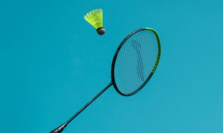 A raquete e a bola de badminton formam um conjunto prático.